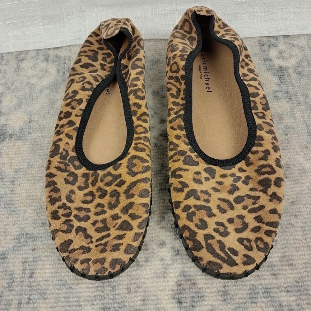 Eric Michael Italy Raven Leopard Slip On Ballet Flats Leather Cushioned 7.5